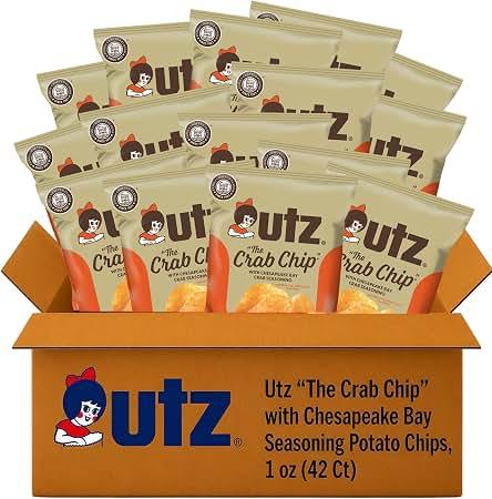 Utz The Crab Chip, Chesapeake Bay Crab Seasoning, 1 oz Bags (42 Count)
Crispy potato chips seasoned Eastern Shore-style; gluten-free, individually wrapped for vending, Kosher