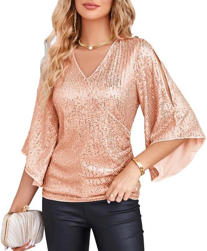 GRACE KARIN Womens Sparkly Sequin Tops,3/4 Sleeve Glitter Party Dressy Blouse,V-Neck Disco Evening Club Concert Shirt (X-Large, Rose Gold)