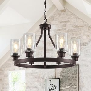 Lanhall 6-Light Farmhose Chandelier for Dining Room Light Fixture Oil Rubbed Bronze Kitchen Pendant Light Round Rustic Ceiling Hanging Lighting with Glass Globes Adjustable Height Metal E26