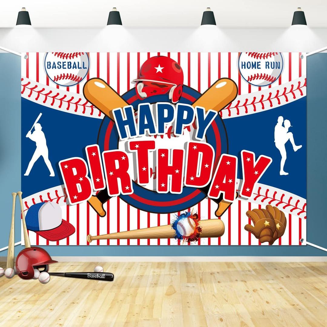 Baseball Happy Birthday Banner - 71'' x 47'' Large Baseball Backdrop for Boys Kids Teens - Birthday Party Supplies