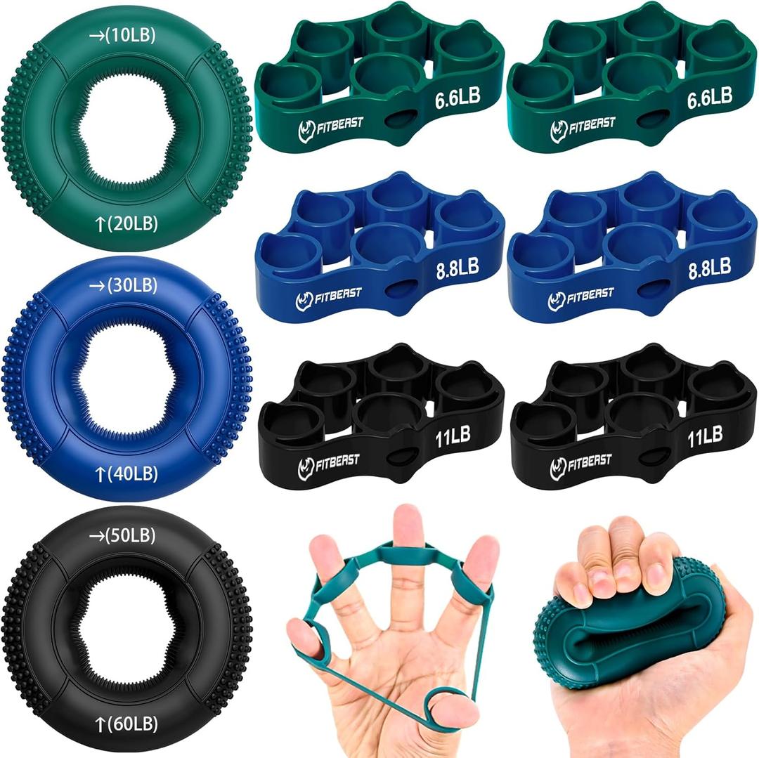 FitBeast Grip Strength Trainer, Finger Exerciser, Forearm Strengthener 9-Piece Kit, Hand Grip Strengthener Targeted Strength, Relief & Recovery (Deep Blue)