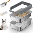 All Stainless Steel Sifting Litter Box with Lid,Metal Sifting Cat Litter Box for Pine Pellets,High Sides Sifter Litter Pan System for Kittens,Odor Control,Sifting Box Liners and Scoop
