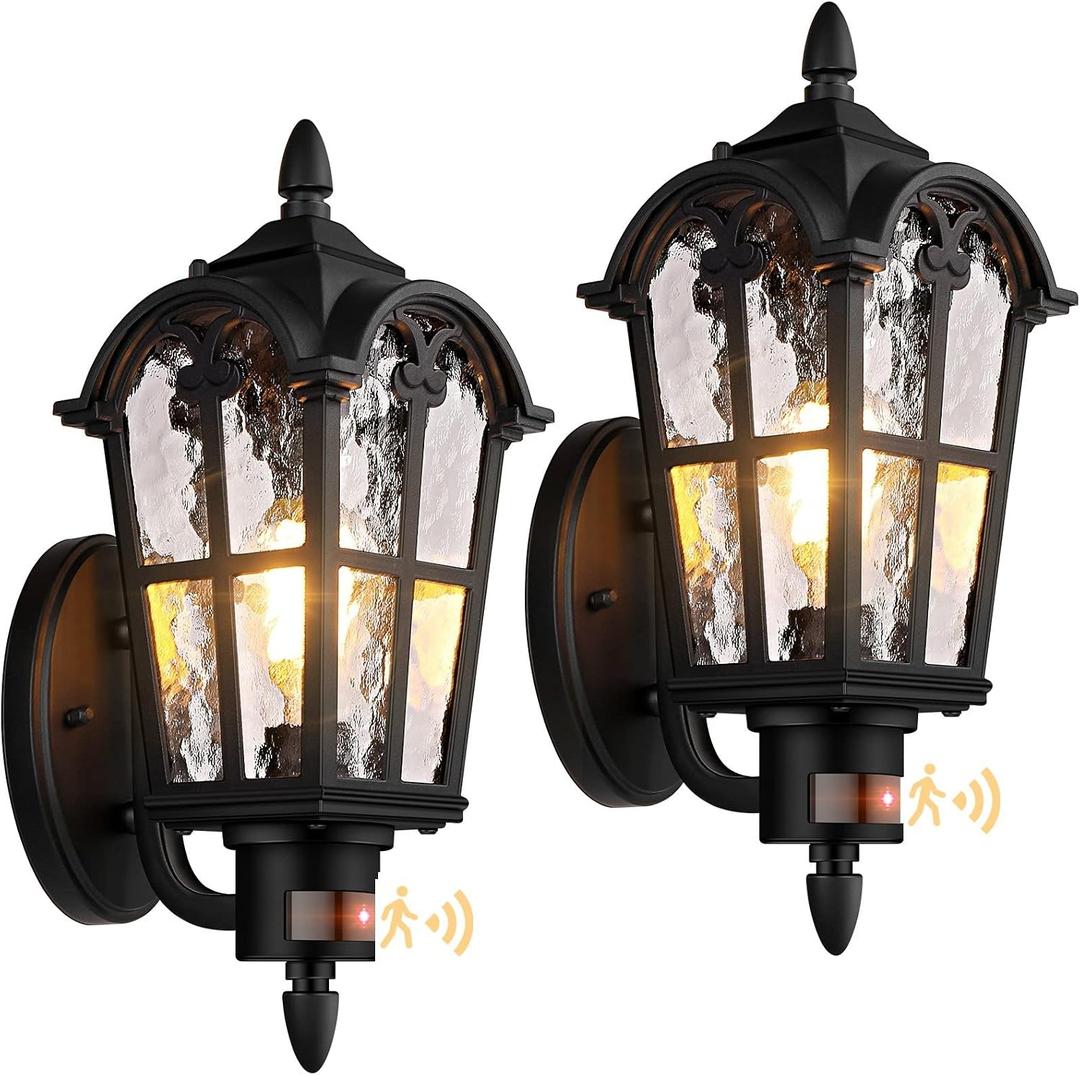 16in 2-Pack Large Motion Sensor Outdoor Wall Lights, Dusk to Dawn Porch Lights Wall Mount, Vintage Exterior Light Fixtures Sconces Lighting, Black Wall Lanterns Outside Lights for House Front Door