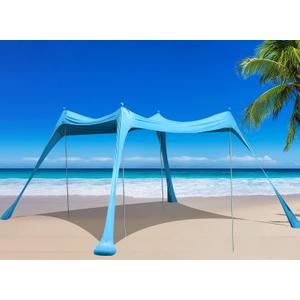 Family Beach Tent Canopy Sun Shade, Pop Up Grande Beach Tent Sun Shelter Stability 4 Poles with Portable Carry Bag Outdoor Shade for Fishing Backyard Camping, Turquoise, 10x10FT 4Pole