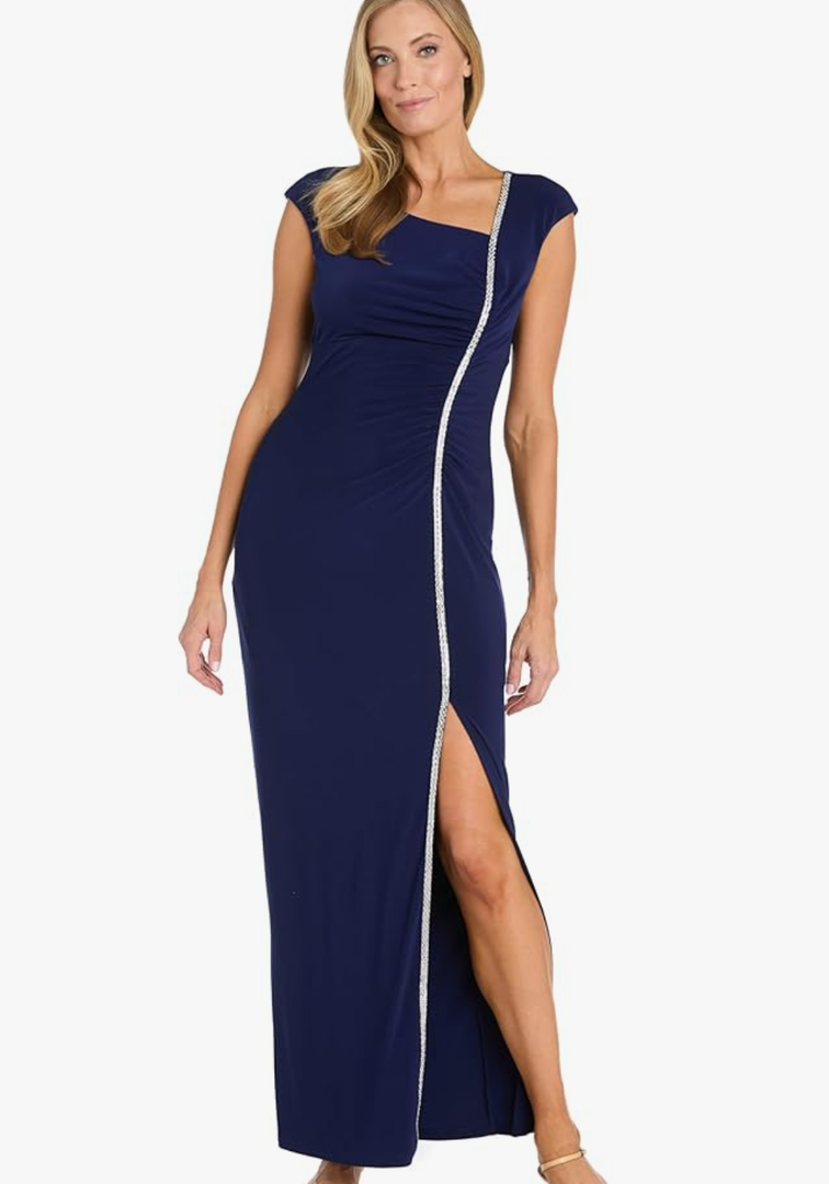 R&M Richards Long Dress with Asymmetrical Neckline, Rhinestone Trim & Front Slit 16W