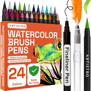 ARTISTRO 24 Watercolor Markers with Flexible Paint Brush Pens for Pros & Beginners - Consistent, Smooth, Bright, Washable, Non-Toxic, Ideal for Coloring, Calligraphy, & Manga