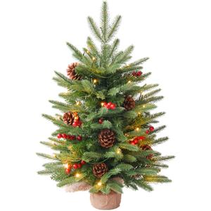 2FT Pre-lit Artificial Small Mini Christmas Tree with Warm White Multi-Color LED Lights, Timer Battery Operated, Perfect for Xmas Tabletop Decorations, Home, Kitchen, Dining Table top Green