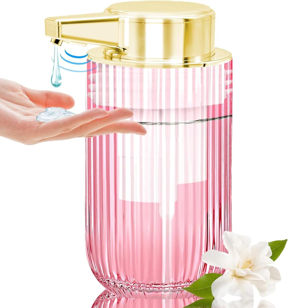 10 oz Automatic Touchless Glass Soap Dispenser, Rechargeable Hands Free Ribbed Liquid Soap Dispenser with Electric Sensor Pump, Refillable Soap Bottle for Bathroom Kitchen Dish Countertop (Pink)