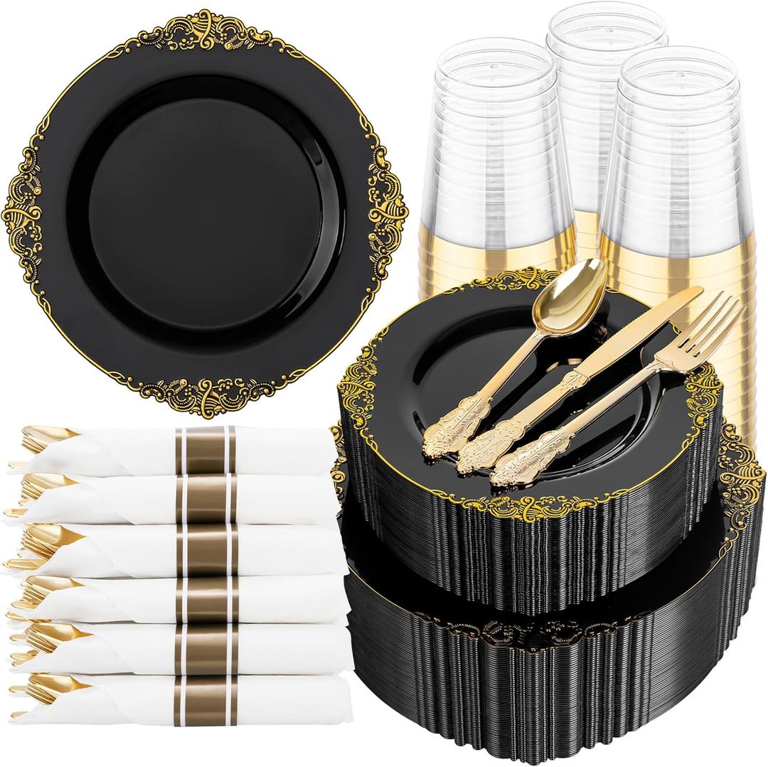 Hioasis 350pcs Black and Gold Plastic Plates - Elegant Diposable Dinnerware Set Suitable for 50 Guests Include 10.25" Dinner & 7.5" Dessert Plates, Pre Rolled Silverware Set, Cups for Party & Wedding