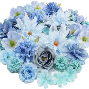 56 PCS Faux Flower Heads Combo Blue Silk Flowers Mix Peony Rose Hydrangea Fake Florals for DIY Crafts Graduation Cap Wedding Centerpieces Arrangements Party Bridal Baby Shower Home Decorations