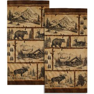 Giwawa Vintage Bear Deer Hand Towels Set of 2 Forest Cabin Face Bath Fingertip Towel Soft Absorbent Dish Wash Cloth Kitchen Bathroom Home Decor