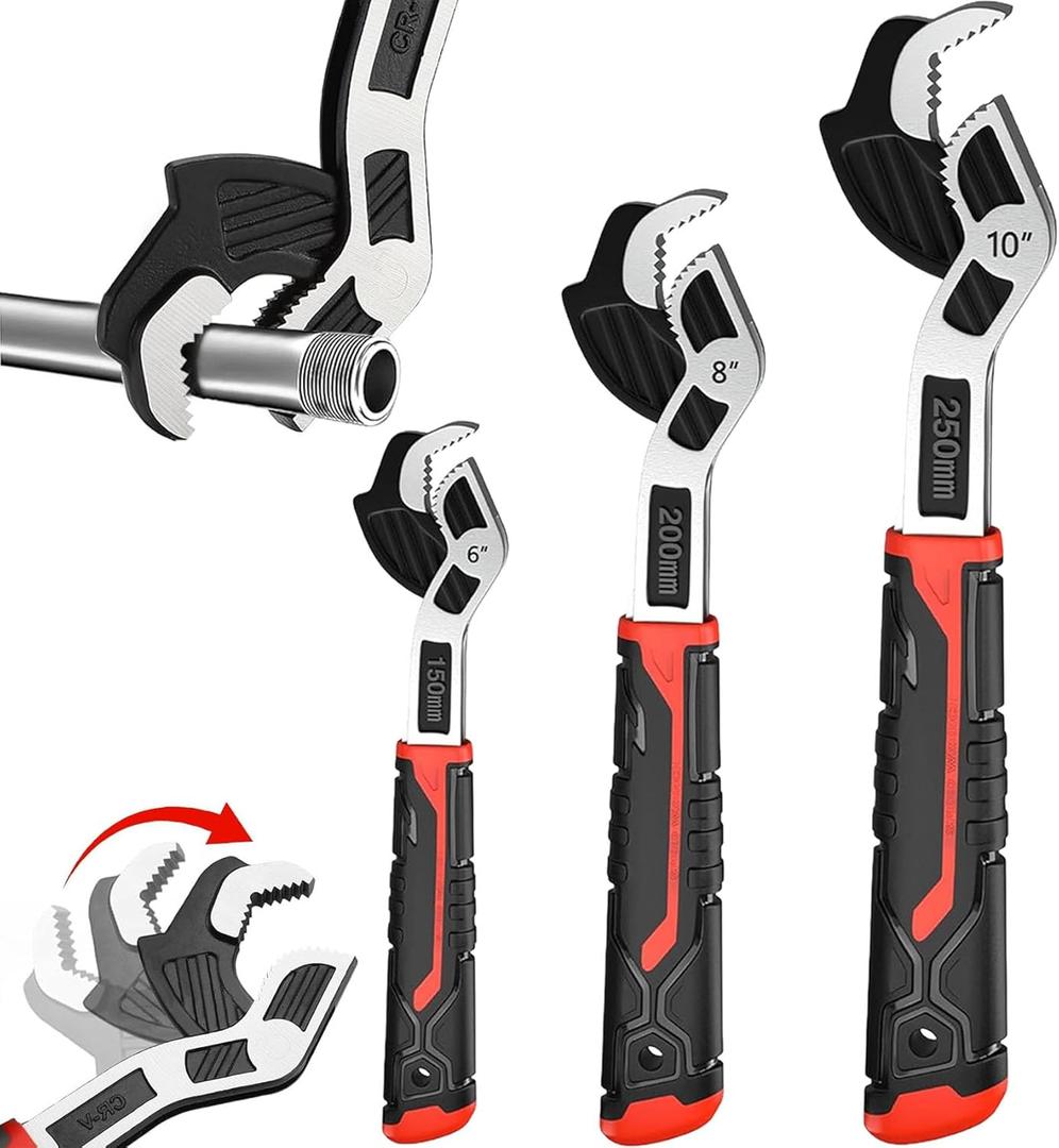 6 8 10 Multi-function Self-locking Pipe Wrench Set, Chromium Vanadium Steel,Plumbers Wrench with Self Tightening Function for 9/32-1 3/8 (7-35mm) Pipe Fittings and Nuts (1set)