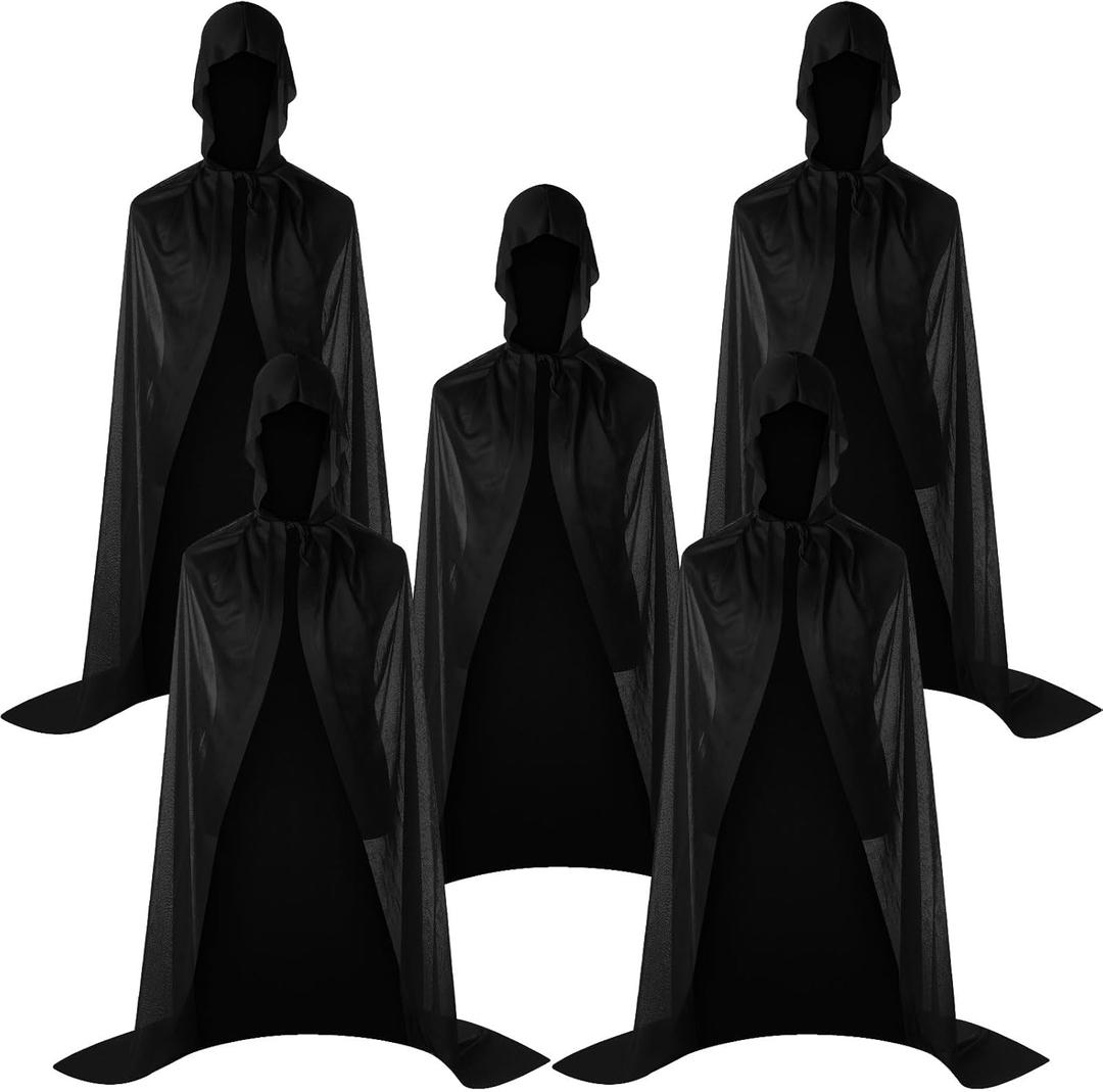 Janmercy 5 Pcs Halloween Black Adult Cloak with Hood Unisex Hooded Cloak Cape Robe for Women Men Cosplay Costume Party (Monolayer,Black), 140cm