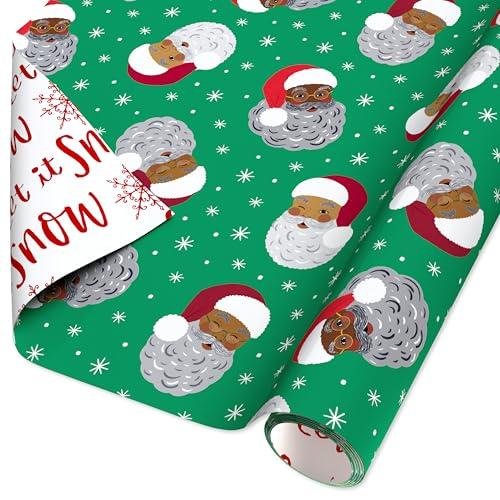 American Greetings Reversible African American Santa Christmas Wrapping Paper Roll, Red, White and Green Holiday Gift Wrap (60 sq. ft., 1 Standard Roll Wrap-30 in. x 24 ft.) Stripes and Solid Green