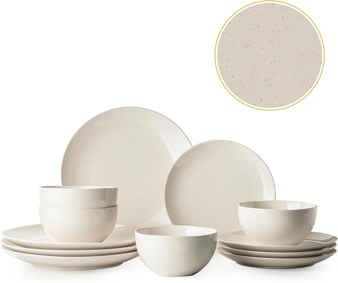 Plates and Bowls Sets, 12 Pieces Modern Stoneware Dinnerware Set for 4 Kitchen Dinner Set Ceramic Dishware Dishes Set Microwave and Dishwasher Safe (White)