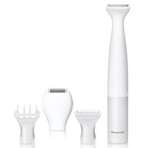 Panasonic Bikini Trimmer and Shaver for Women with 4 Attachments for Fast Easy Gentle Grooming in Intimate Areas, Use Wet/Dry, Electric Razor, Battery-Operated ES-WV62-H (White/Silver)