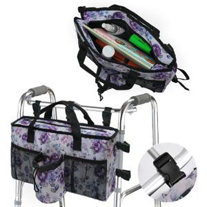 Walker Accessories for Folding Walker Seniors with Cup Holder Walker Bag Organizer Pouch Storage Buckle Carry Things (Flower 2)