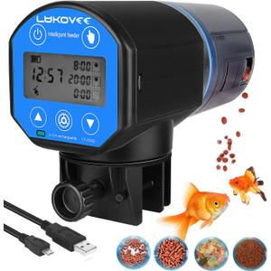 Lukovee Automatic Fish Feeder,New Generation Feeding Time Display USB Rechargeable Timer Moisture-Proof Aquarium or Fish Tank Food Dispenser with 200ML Large Capacity for Vacation Weekend Holiday,Blue