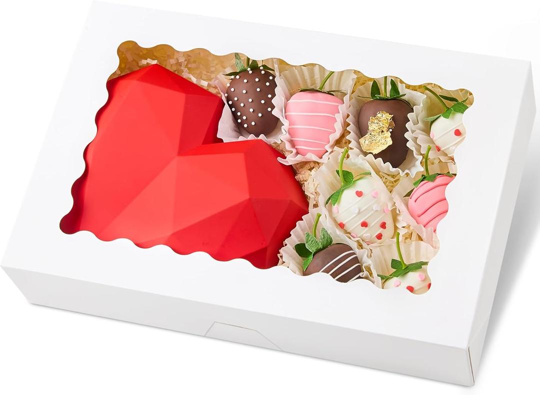 Kucoele 20 PCS Bakery Boxes with Window, 12 x 8 x 2.5 Inches Pastry Boxes Auto-Popup Treat Boxes for Chocolate Covered Strawberries, Cookies, Muffins, Donuts, Breakable Hearts