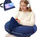 Crochet Lap Support Pillow - Multi-Purpose Reading Pillow for Gaming/Working/Nursing, with Removable Extra Back Pillow for Lumbar & Back Support, Enlarged U-Shape Gaming Lap Pillow, Blue