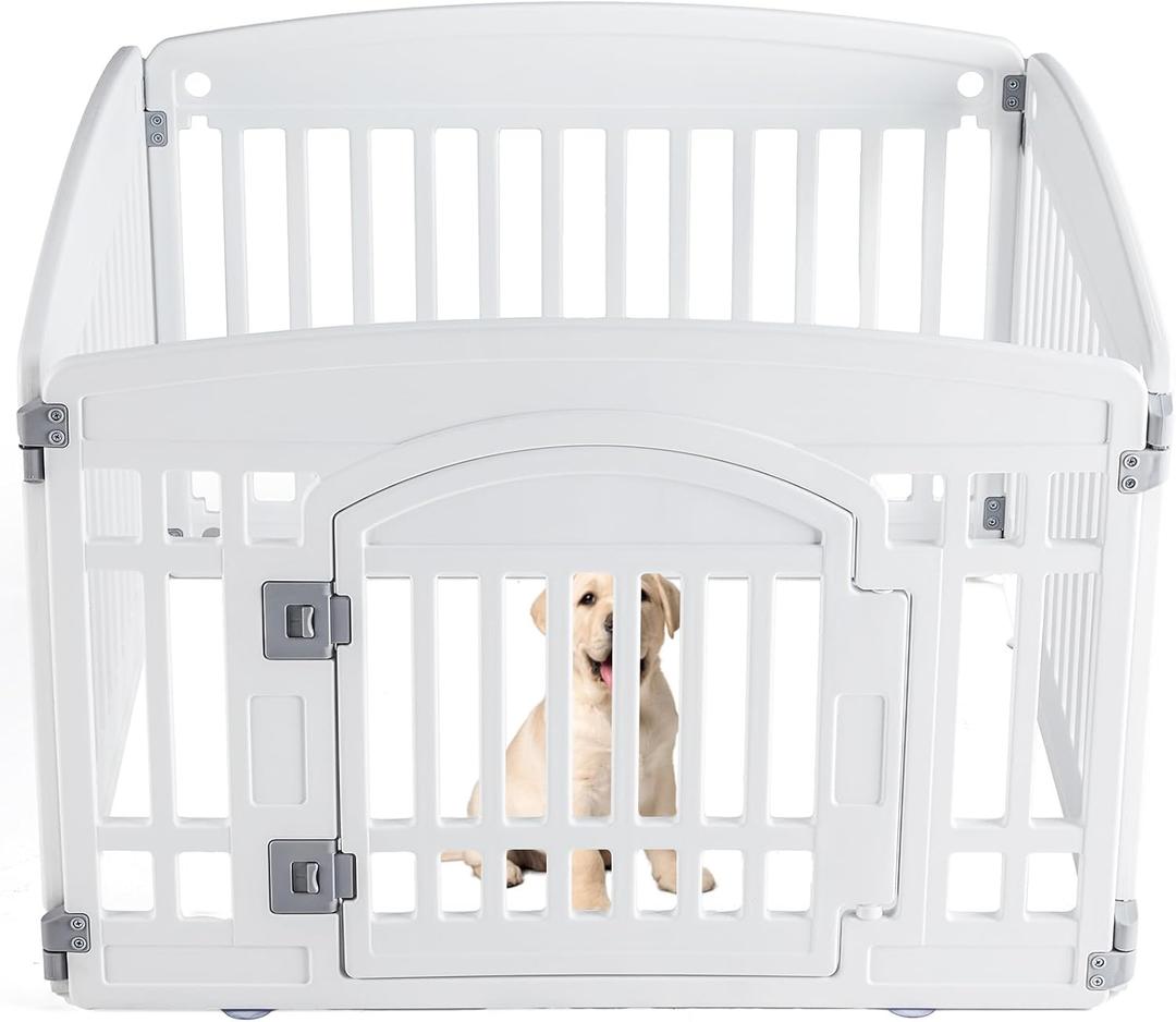 Sweetcrispy Plastic Dog Playpen - 4-Panel 24" Expandable & Durable Pet Fence for Medium Dogs - Indoor & Outdoor Portable Puppy Playpen with Secure Locking Door, White