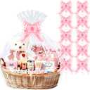 PigPotParty 10 Pack 30x40 Inch Large Easter Cellophane Bags for Gift Baskets with Pink Ribbon Bows, Easter Clear Plastic Basket Wrap with Decorative Ties for Birthday, Wedding, Girl's Baby Shower