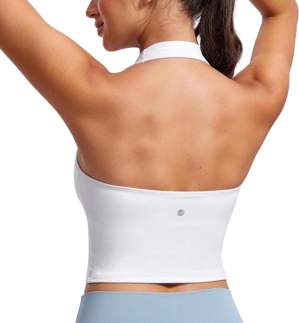 CRZ YOGA Butterluxe Halter Crop Tank Tops for Women - Open Back Padded Longline Sports Bras Workout Gym (White, M)