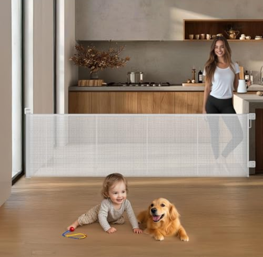 HOMEAL 100inch Retractable Baby Gate Extra Wide, Large Openings Safety Baby Gate, Long Retractable Mesh Dog Gate for Stairs, Doorways, Hallways, Indoor, Outdoor(White, Extends to 98.5" Wide)