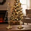 Set of 2 Lighted Christmas Tree Table Decoration with Golden Star Battery Operated Tabletop Prelit Mini Xmas Tree with LED Light up Desk Ornament for Home Mantel(Triangle,Gold)