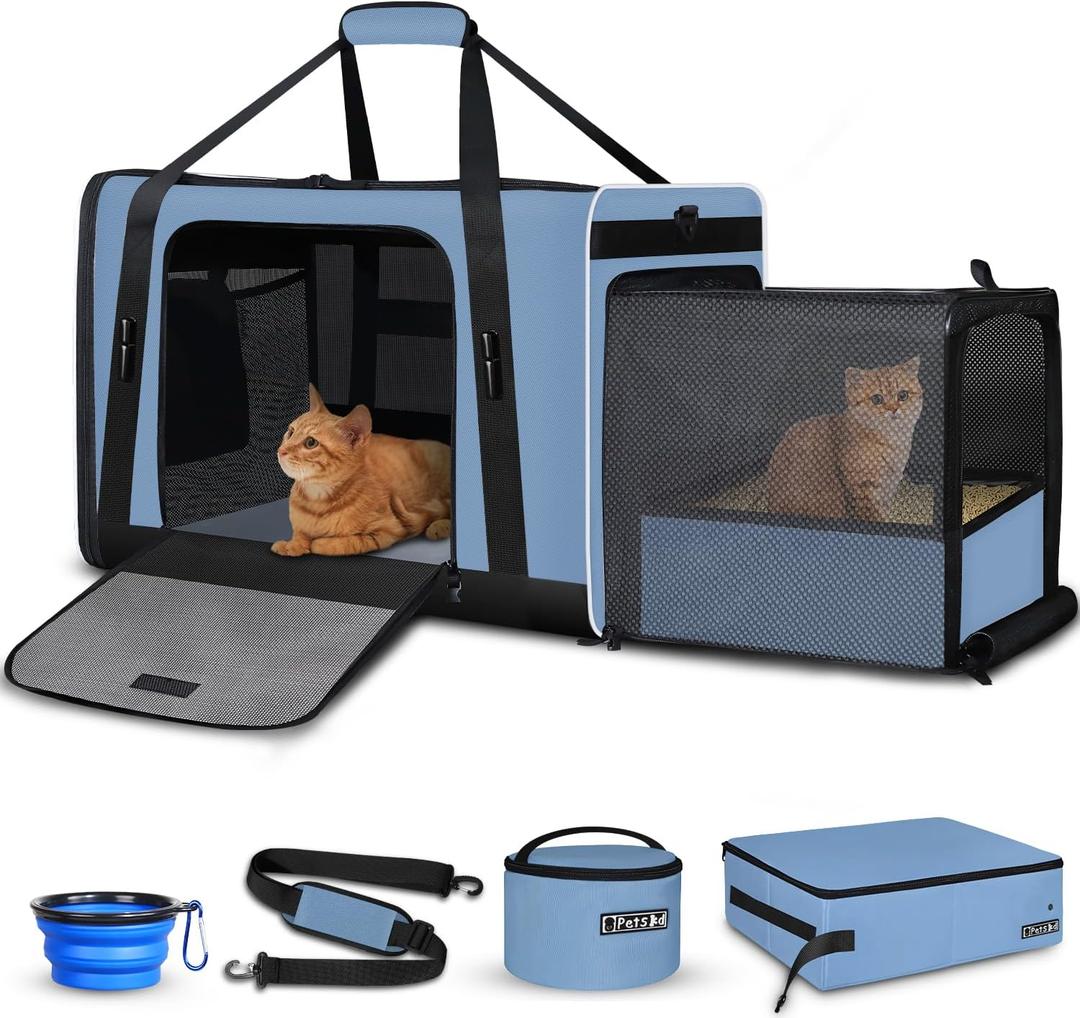 24"x17"x17" Petskd Side Expandable Extra Large Cat Carrier with Litter Box Area for Car Travel, Collapsible Soft Large Pet Carrier or 2 Cats Under 55LBS with Seat Belt Buckles(Blue)