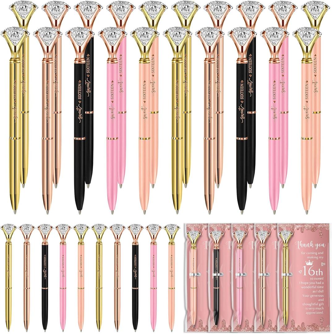 Feifeiya 36 Sets Sweet 16th Birthday Party Favors for Guests, Include Sweet Sixteen Glitter Ballpoint Pens with Thank You Cards, Thank You for Coming to My 16 Years Birthday Party Supplies (Diamond)