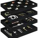 Jenseits 4 Stackable Jewelry Trays Organizer Set for Drawers, Jewellery Drawer Insert Divider Jewel Display Storage with Removable Dividers for Earring Necklace Rings Bracelet, Black