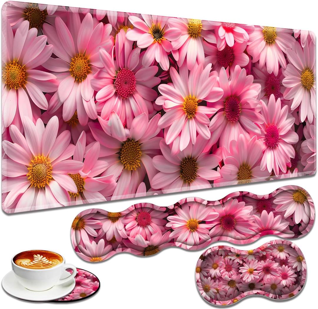 Large Gaming Mouse Pad + Keyboard Wrist Rest + Wrist Support + Coaster Set, Memory Foam Ergonomic for Easy Typing, XXL Extended Gaming Mouse Pad Table Pad - Pink Daisy, 17.32 x 3.53 inches