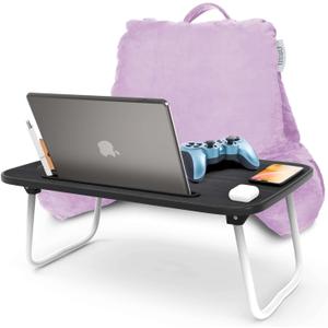Nestl Reading Pillow with Portable Laptop Lap Desk, Velvet Feel Back Pillow for Sitting in Bed, Shredded Memory Foam Back Support Pillow for Bed, Bed Rest Pillow with Arms, Small - Lavender