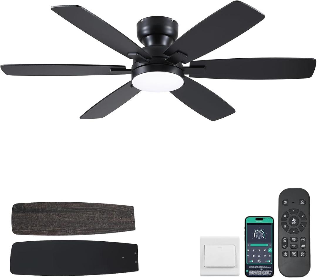 52" Ceiling Fans with Lights, Low Profile Ceiling Fan with Light and Remote/APP Control, Flush Mount Ceiling Fan with 6 Reversible Fan Blades, 3CCT, Dimmable, Quiet Motor for Bedroom Black