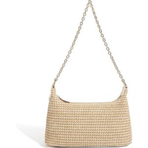 Handmade Straw Tote Bag for Women - Boho Beach Purse with Chain Strap,Summer Market Bag,Eco Friendly Woven Rattan (Beige)