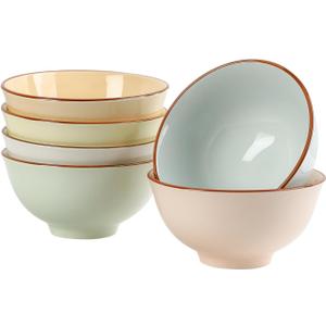 Ceramic Cereal Bowl Set of 6 - Porcelain Soup Bowls with Candy Hue - 6.25 Inch Ideal for Salad, Oatmeal, Ramen, Noodle - Microwave and Dishwasher Safe - 23 OZ