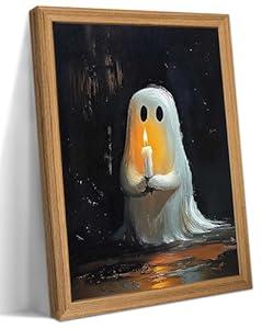Framed Vintage Halloween Ghost Wall Art - Spooky Candle Ghost Fall Texture Pictures Wall Decor for Living Room, Kids Room, Halloween Bedroom or Party 16x24 inch