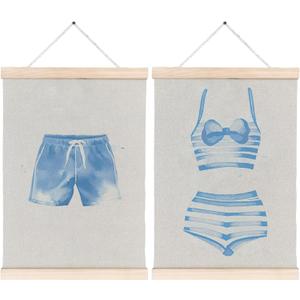 Blue Summer Beach Swimsuit Canvas Wall Art Poster, Beachy Room Decor, Preppy Coquette Bow Striped Coastal Wall Decor Prints for Girls Dorm Apartment Home, 12x16 Inches Set of 2