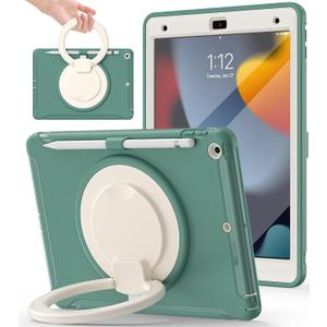 BATYUE Rugged Case for iPad 9th/8th/7th Gen with Screen Protector | Shockproof Cover with 360 Rotating Stand & Pencil Holder | Compatible with 10.2-inch iPad (2021/2020/2019 Model) - Emerald Green