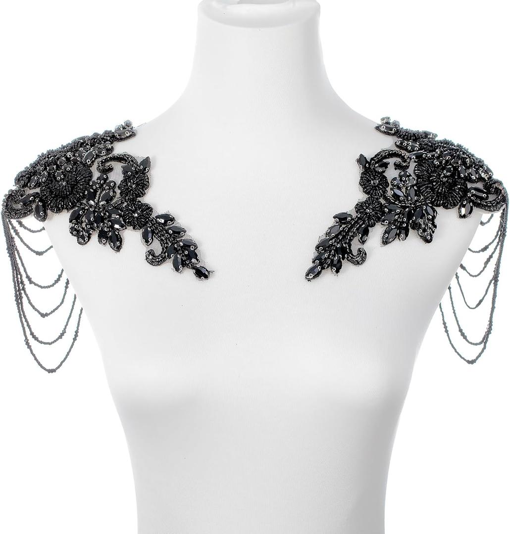 Black Pair Beaded Rhinestones Applique Embellishment for Clothes,Epaulettes Shoulder Patches Sew-on Diamond Sequin Applique for Wedding Dress DIY Accessories