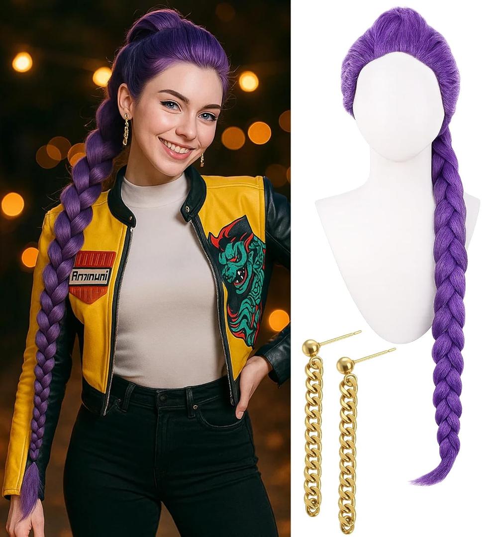 Swooflia Purple Braid Wig for Women & Cosplay Accessories - Convenient Set Includes Adjustable Wig Cap, Earings, Cosplay Wig for Halloween, Costume, Party and Daily Use