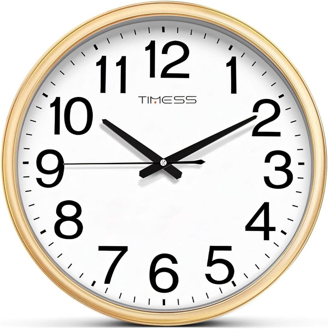 Wall Clock, 16 Inch Large Dial Non-Ticking Silent Battery Operated Quality Analog, Ultra-Quiet Movement Quartz, Timeless Stylish Clock, Ideal Modern Home, Office Dcor (Gold)