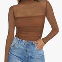 Poetsky Women's Sexy Sheer Long Sleeve Tops Mock Turtle Neck Mesh Ruched Fall Trendy Going Out Shirt Fitted Blouse 2026 Size L