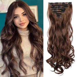 Clip In Hair Extensions 22 Inch Long Wavy Synthetic Hair Extension for Women Girls Dark Brown Color Hair Natural Soft Invisible Clips Thick Hairpieces for Daily(22 Inch, 7 Pcs, Dark Brown)