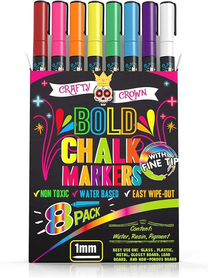 Bold Chalk Markers - Dry Erase Marker Pens - Liquid Chalk Markers for Chalkboards, Signs, Windows, Blackboard, Glass - Reversible Tip (8 Pack) - (Multicolored, 1mm)