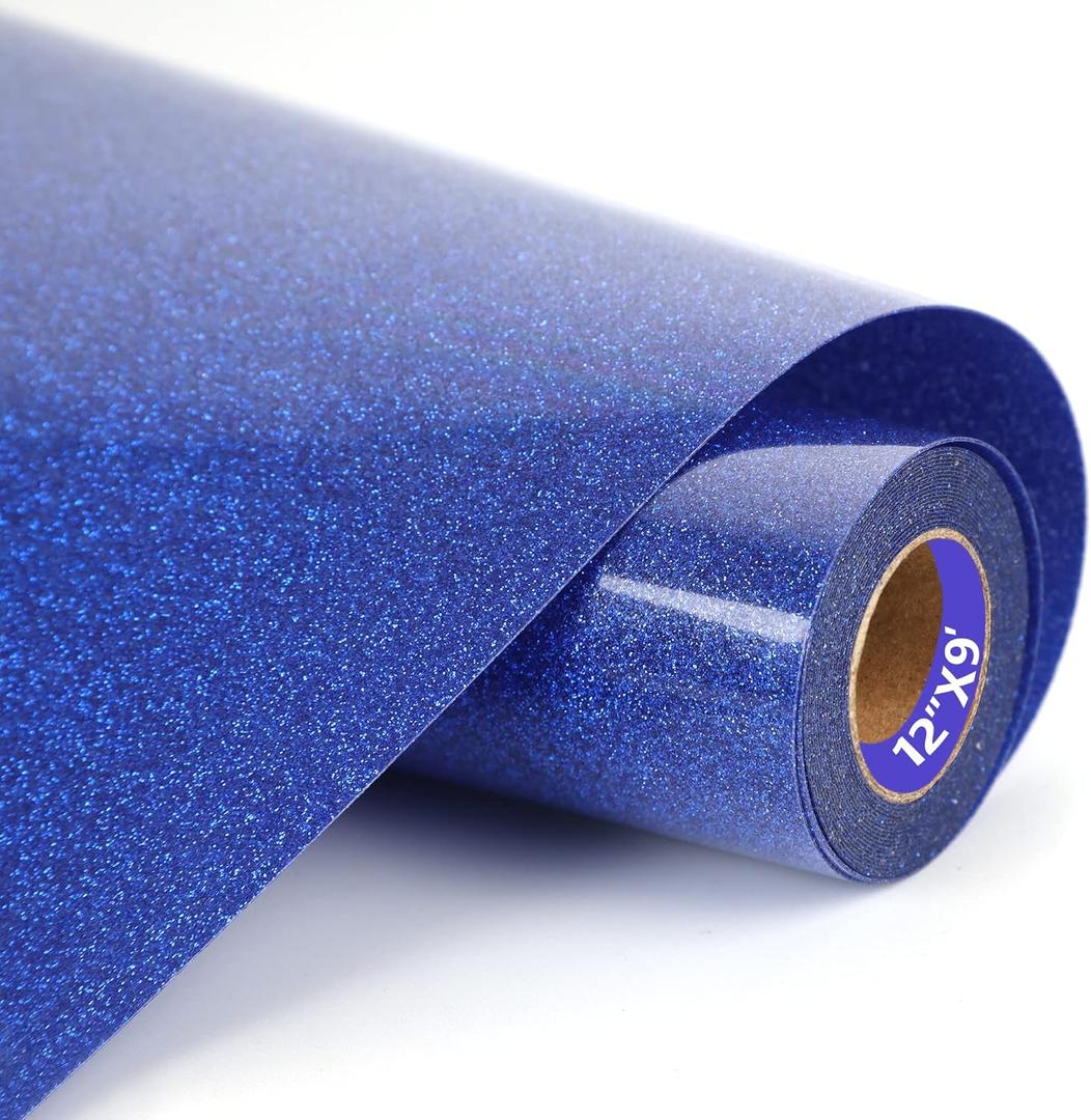 HTVVETUR HTV Vinyl Rolls Heat Transfer Vinyl - 12" x 9ft White HTV Vinyl for Shirts, Iron on Vinyl for Cameo - Easy to Cut & Weed for Heat Vinyl Design (J005 Glitter Royal Blue-9ft)