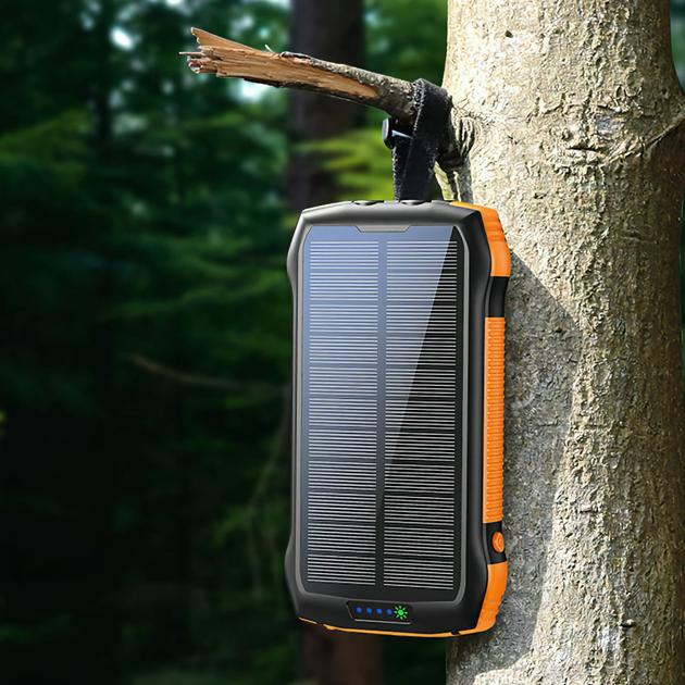 Solar Power Bank with 2 USB-A Ports Plus USB-C and Micro-USB Charging Ports, 15,000 mAh Capacity, Includes Compass and Dual LED Flashlights, Ideal for Camping, Hiking, and More