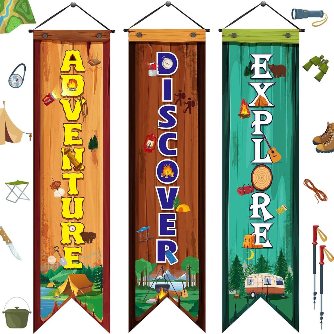3 Pcs Camping Banners Party Decorations Camping Porch Sign Camper Adventure Door Banners Wall Decor for Camper Adventure Theme Birthday Celebrating Baby Shower Classroom Decorations