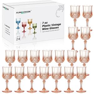 XUWAIDSGN 24 Pcs 7oz Plastic Vintage Wine Glasses Drinking Glasses Unbreakable Wedding Glassware Crystal Water Goblets Reusable Drinkware Vintage Champagne Flutes (24, Pink)